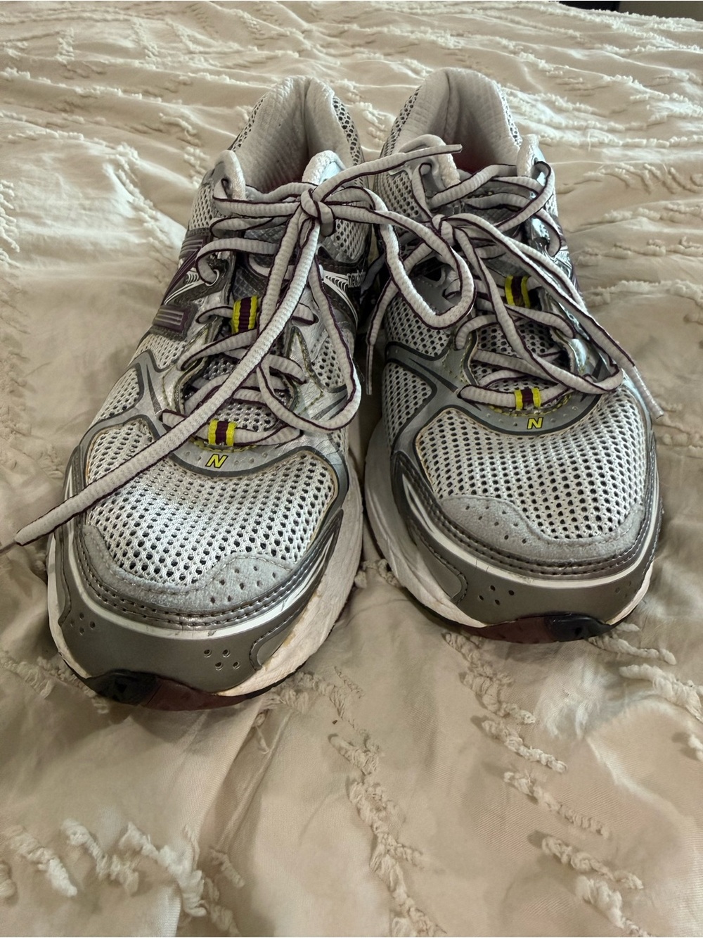 New Balance White and Gray Mesh Sneakers with Yellow Accents